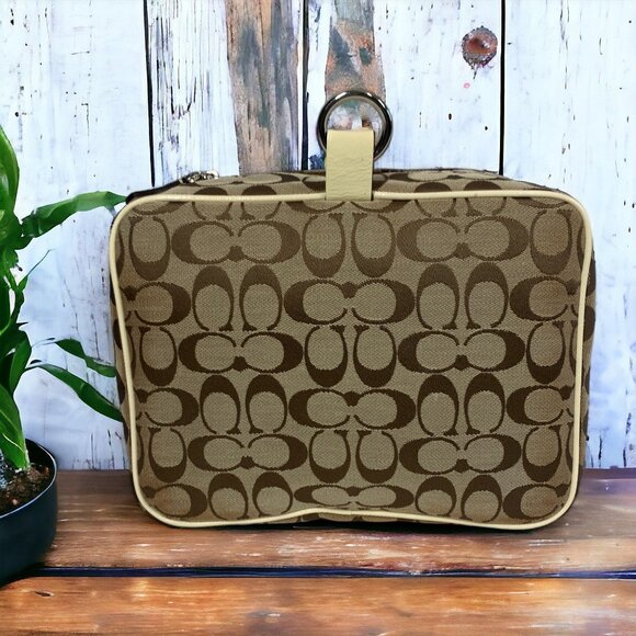 COACH Signature Cosmetics Toiletries Travel Bag Brown & Khaki Canvas & Leather - Picture 3 of 13